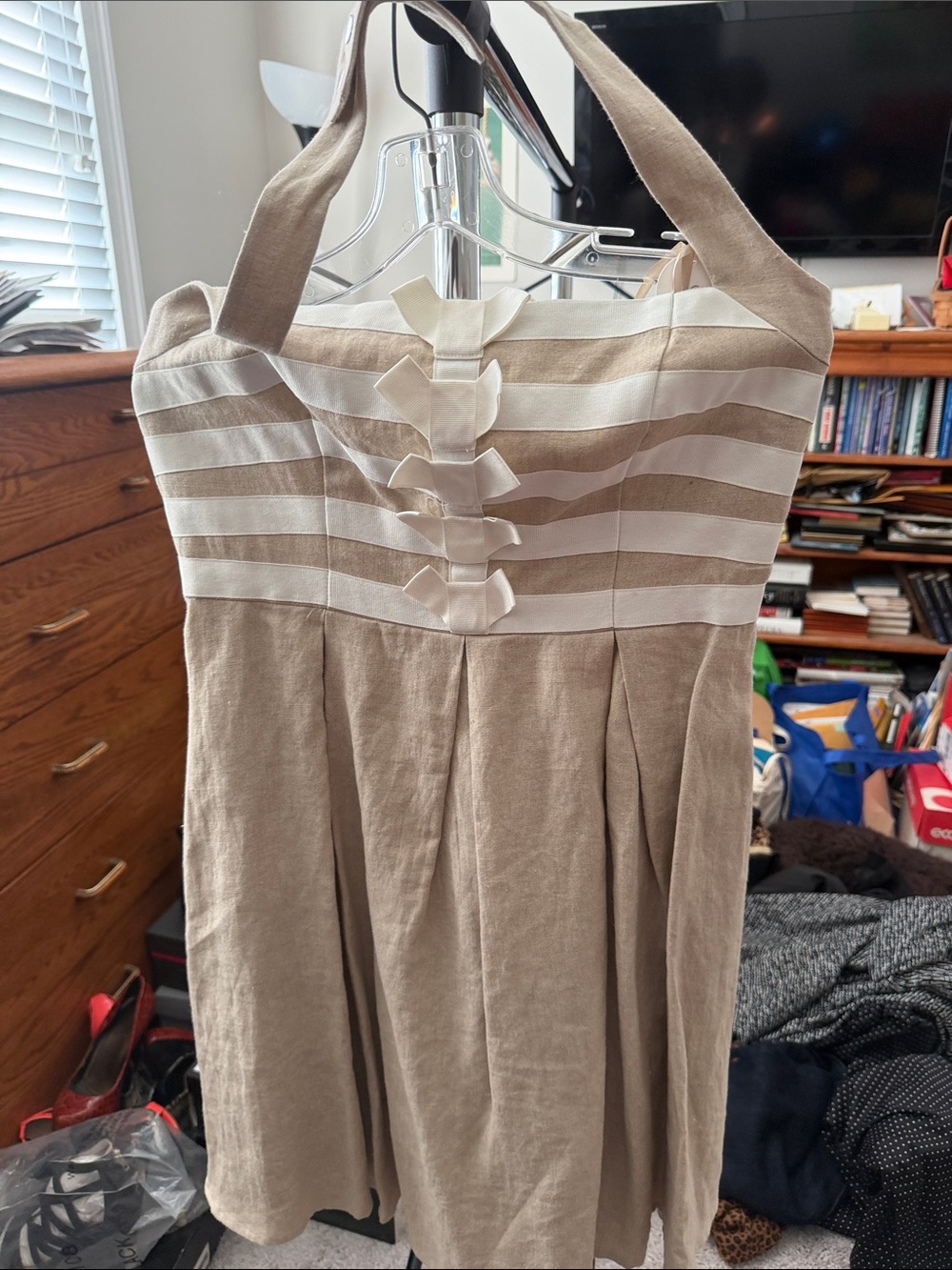 Adjustable Halter Beige and Cream Striped Summer Dress